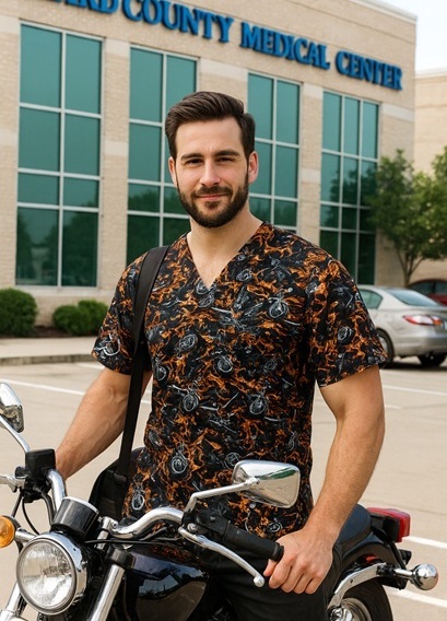 man on bike wearing biker print scrub top with ghosts and flames