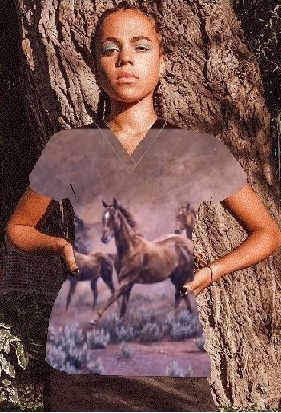 women wearing cotton scrub top with horses standing by tree