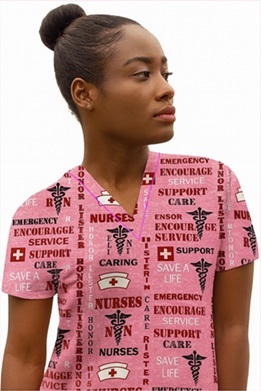 nurse posing with pink nurse print scrub top on