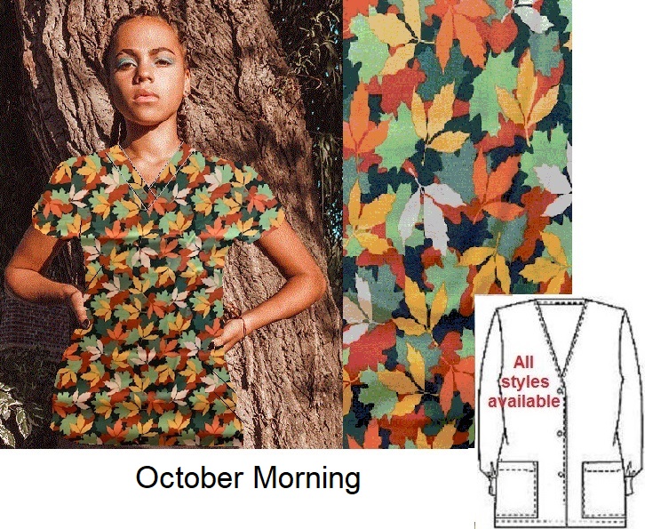 girl standing by a tree wearing a seasonal print scrub top with leaves