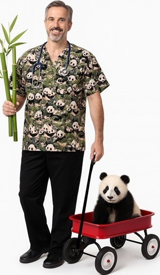 man in panda print scrub top holding bamboo, pulling red wagon with cute panda inside.