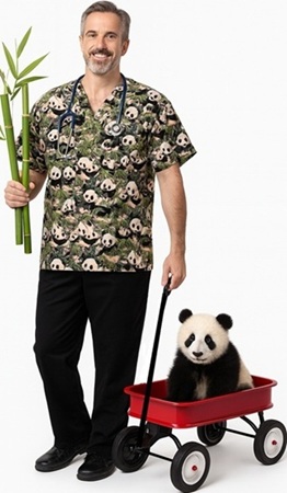 man models panda print scrub top pulling panda in red wagon