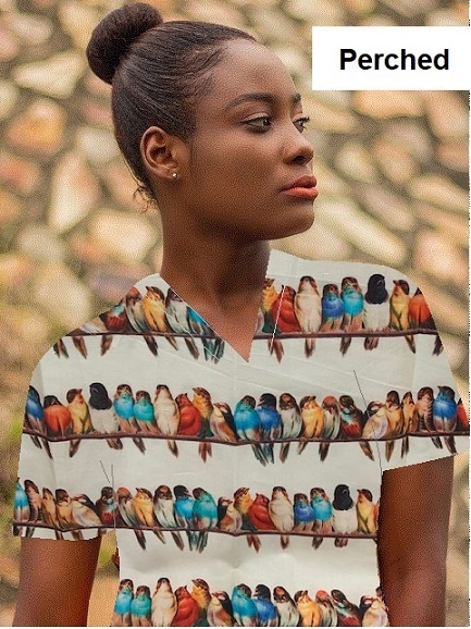 woman wearing a veterinary print scrub top with birds