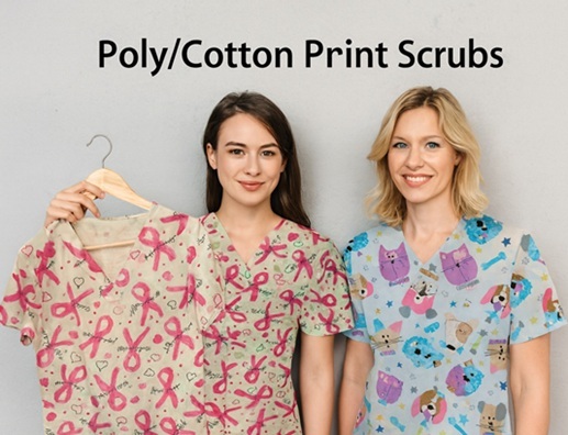2 women modeling their poly/cotton scrub tops and holding one on a hanger