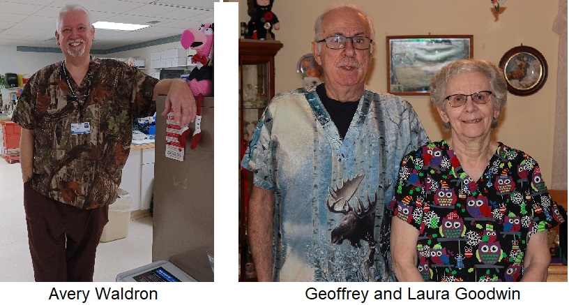 3 people wearing unique scrub top uniforms