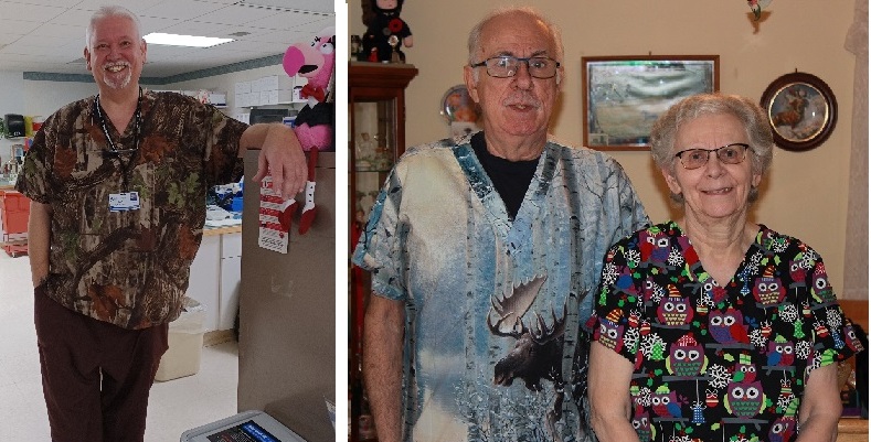 3 people wearing unique scrub top uniforms