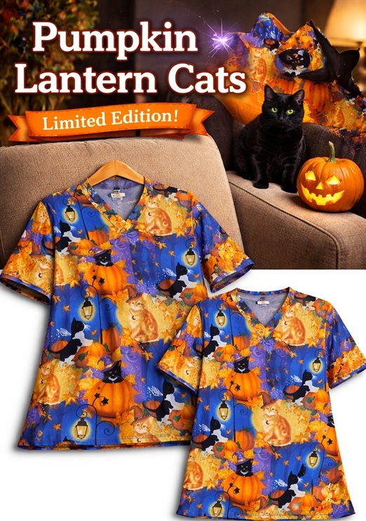 banner hero image for a halloween print scrub top with pumpkins, lanterns and black cats