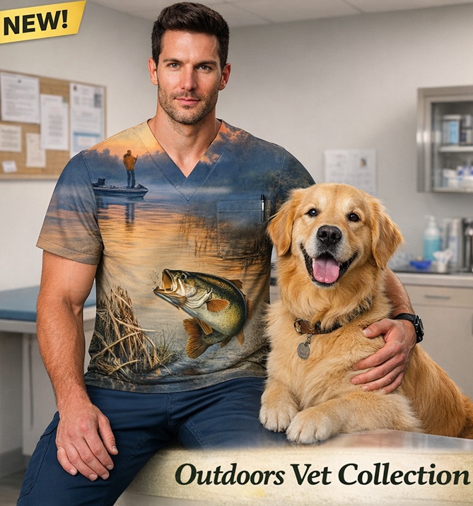 veterinarian wearing RealTree fishing scrub top in clinic with a golden retriever dog