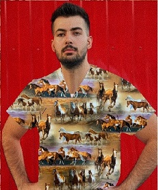 man standing wearing a scrub top with horses
