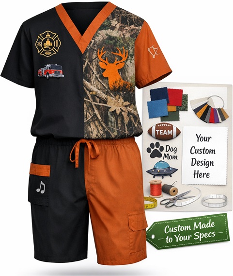 custom made scrubs set showing different ways to customize smocks and scrubs