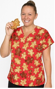 scrub top with gingerbread cookies and festive decorations