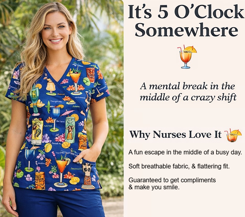 women modeling Tiki Time tropical print scrub top in royal blue and printed with cocktail drinks