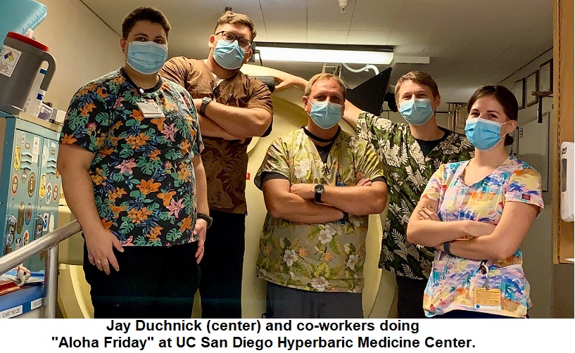 group of healthcare workers wearing tropical print scrubs at hospital