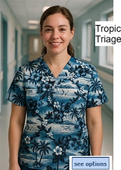 Tropic Triage scrub top with palm trees, ocean waves, and floral print in blue, white, and black tones