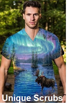 man modeling unique print scrub top