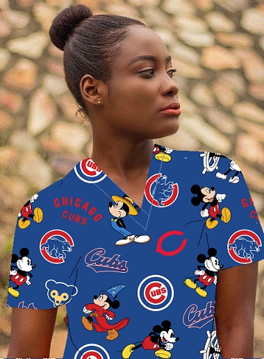 Women in a Chicago Cubs scrub top