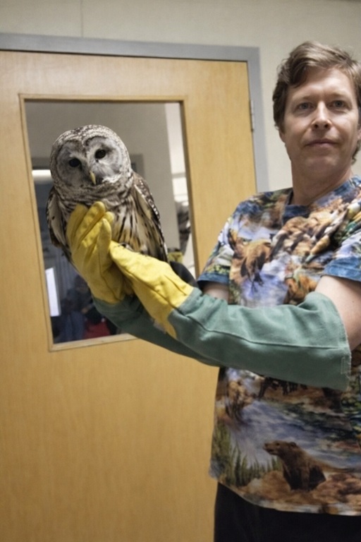 veterinarian with owl in custom made scrub top