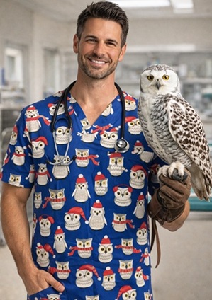 woman wearing festive holiday print scrub top with owls