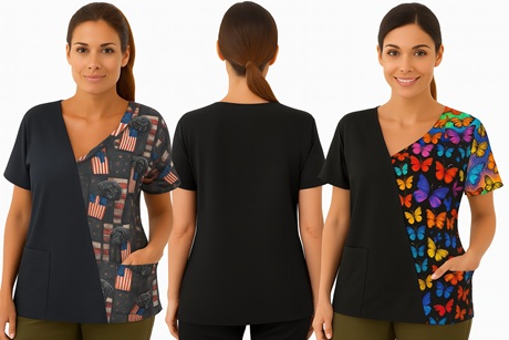 women posing with their color block scrub tops on